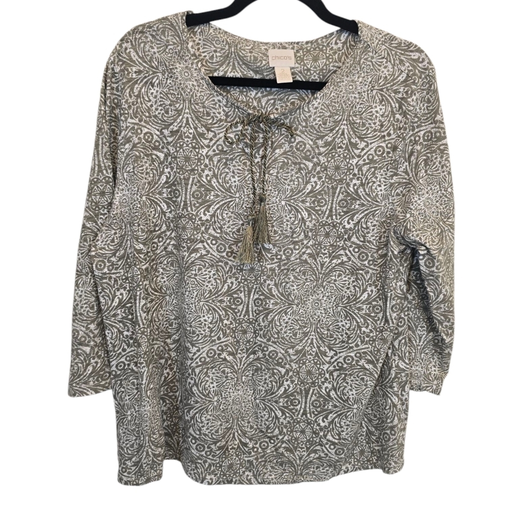 Chico's Size 2 Modal Blend Tassle Sage Green Pasiley Blouse